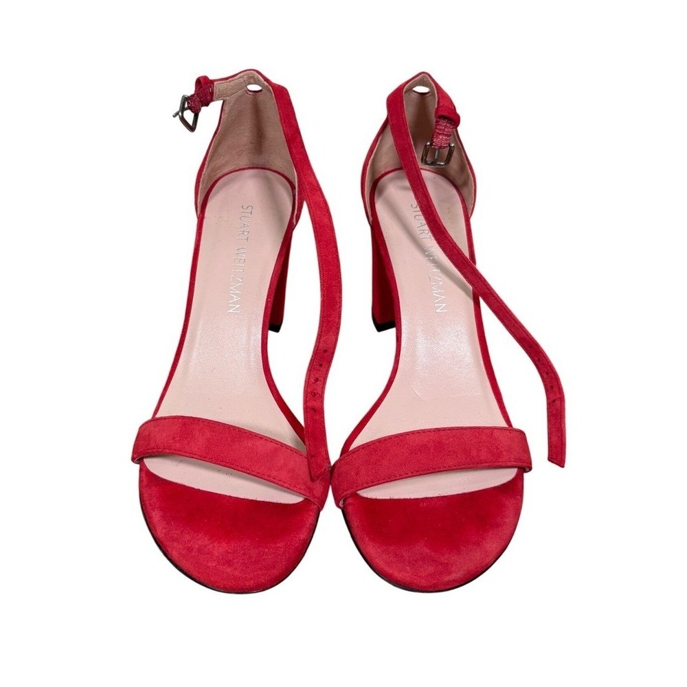 Stuart Weitzman Nearlynude Red Suede Block Heel Ankle Strap Sandals Spain 8.5M